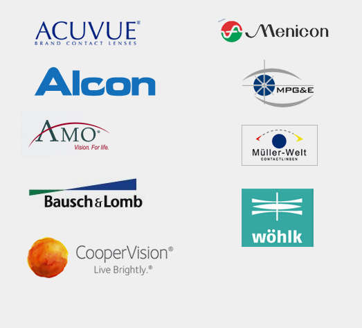 Kontaktlinsen und Zubehör: Acuvue, Alcon, AMO, Bausch & Lomb, CooperVision, Menicon, MPG&E, Müller-Welt, Wöhlk